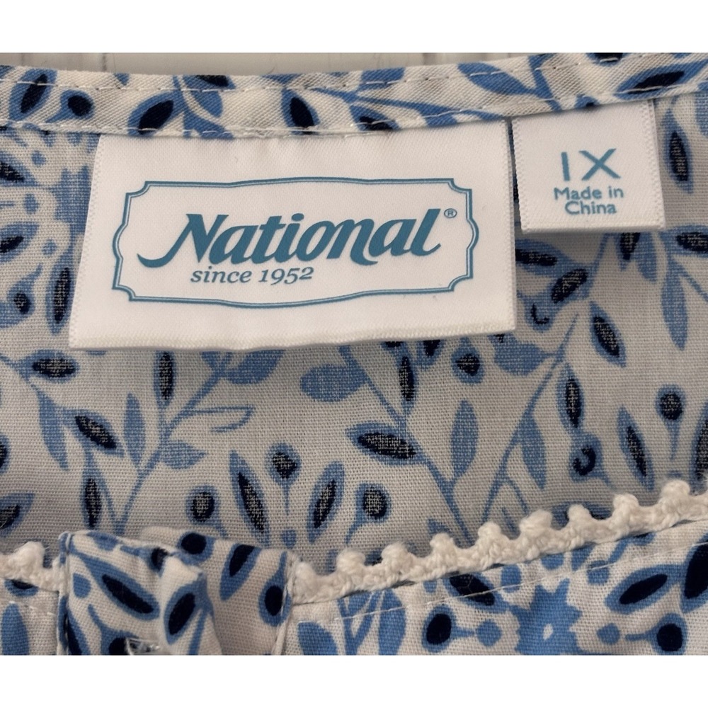 Vintage National Nightgown House Dress 1X Blue White Lace Bodice Ruffle Hem S/L - Picture 3 of 12